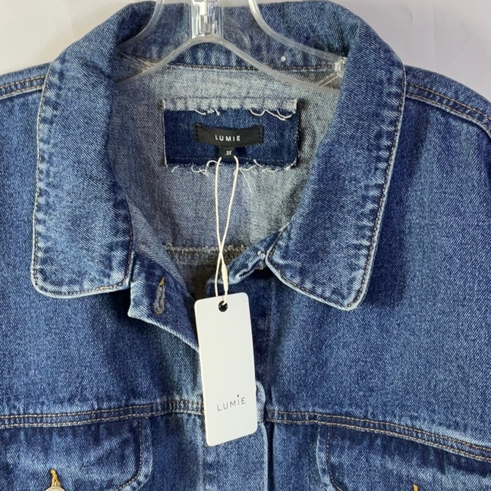 Luvie Blue Denim Jacket with Multi-Color Knit Sleeves - Picture 3 of 6